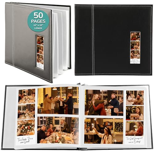 pbf Scrapbook Fotoalbum 12x12, Gästebuch mit Fotoeinlage, schwarzes Scrapbook mit Plastikhüllen & weißen Seiten, Scrapbook Album für alle Größen Bilder, Erinnerungsbuch, Hochzeitsscrapbook