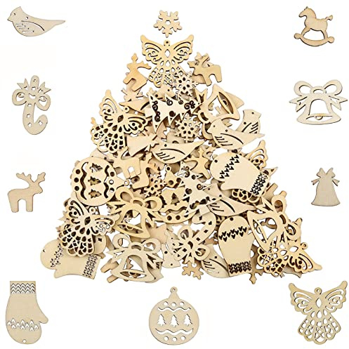 Pllieay 100 Pieces Mix Different Shapes Small Handmade Wooden Slices Christmas Series Embellishments Ornaments for DIY Party Craft, Card Making and Christmas Decorations