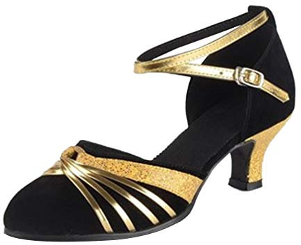 KRUIHAN Damen Tanzschuhe Latein-Salsa 5cm Absatz Geschlossene Zehen Gold Glitzer Schuhe Damen Spangenpumps für Party,Hochzeit,Training & Auftritte(Schwarze,Schuhgröße 39/38 Europäisch)