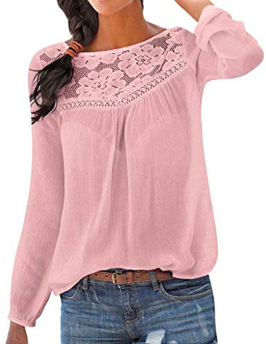 Lazzboy Patchwork Oberseiten Bluse Tunika Frauen Beiläufige Lange Hülsen Spitze Damen Blumen T-Shirt V Ausschnitt Knopfleiste Oberteil(Rosa,M)