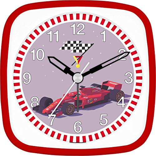 Eurotime Wecker Jungen Rennauto Rennsport, Kinderwecker, Rot, Kunststoffgehäuse und Kunststoffglas, geräuscharmer Wecker, ohne Ticken, mit Licht und Weckwiederholung, 27108-01