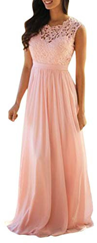 Minetom Donna Vestito Lungo Pizzo Abito da Cerimonia Elegante Vestiti da Matrimonio Lunghi Senza Maniche Formale Banchetto Sera Maxi Dress A Rosa 52