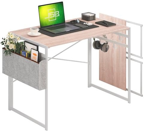 JSB Small Folding Computer Desk with Storage Bag and Hook Writing Modern Industrial Work Table Laptop for Home Office White (Natural & White, 39)