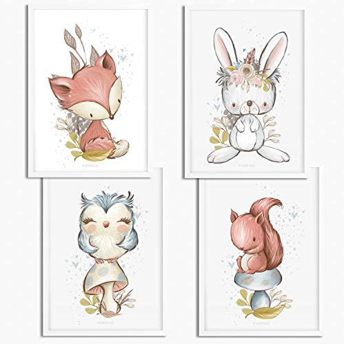 Sunnywall® 4er Set Poster Kinderzimmer - A4 Bilder Babyzimmer Kinderposter | OHNE Bilderrahmen | - Deko Mädchen Junge | Eichhörnchen Hase Fuchs Eule Waldtiere