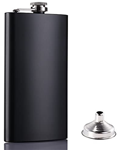 GENNISSY 10 oz Hip Flask for Liquor - 304 Stainless Steel Black, Leakproof with Funnel & Never Lose Cap, Gift for Men Women (Groomsmen, Camping, Wedding)