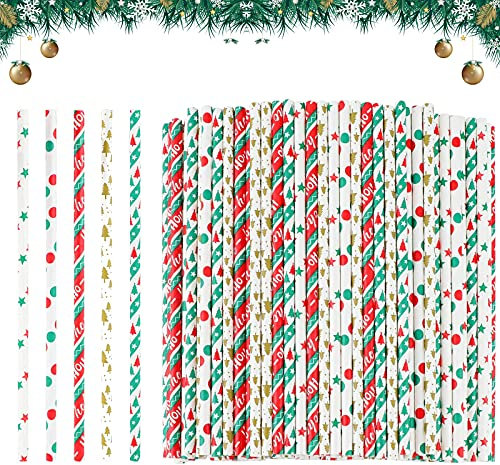 150 Piezas Pajitas de Papel de Navidad Biodegradbable Pajitas de beber reciclables Árbol de Navidad Rojo Verde Patrón Jugo Cóctel Pajitas para cumpleaños Boda Suministros para fiestas de Navidad