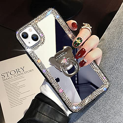 LUVI Kompatibel mit iPhone 13 Spiegel Hülle Niedlich für Frauen Mädchen Bling Glitzer Diamant Strass mit Ringhalter Loopy Finger Grip Kickstand Stand Cover Luxus Mode Handyhülle Silber