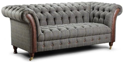 Casa Padrino Luxus Chesterfield 2er Sofa Grau/Dunkelbraun 200 x 95 x H. 85 cm - Wohnzimmer Sofa mit Echtleder - Chesterfield Wohnzimmer Möbel