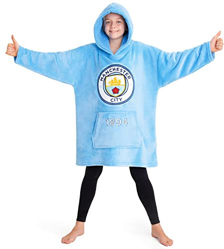 MANCHESTER CITY F.C. Hoodie Blanket for Kids Teenagers Cosy Fleece Wearable Blanket Warm Oversized Hoodie Supporters' Gear Football Gifts for Boys (Blue)