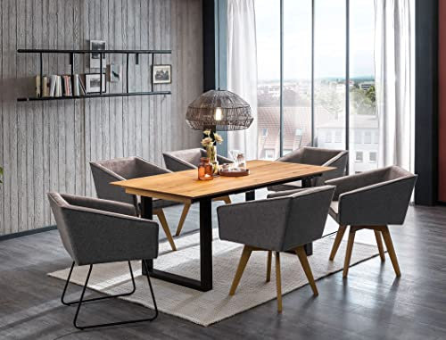 expendio Tischgruppe Ausziehtisch Rodan XL 160(240) x90 cm Eiche rustikal massiv +4X Sessel Tonia 1 +2X Tonia 2 Bezug Kombi Beluga