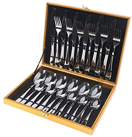 Juego de cubertería de 24 piezas para 6 personas, de acero inoxidable, con cuchillos de carne y caja de regalo