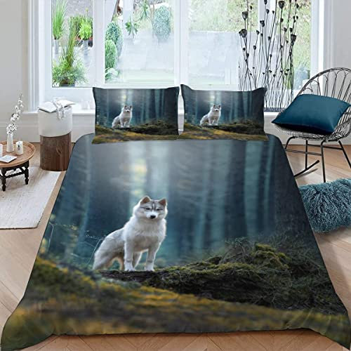 MOUPL Bettwäsche Wolf 155x220 3teilig 3D Winterthema Bettbezug Set mit Reißverschluss 100% Leicht Mikrofaser Kuschelig Atmungsaktive Sommer Betten Set mit 2 Kissenbezug 80x80 cm