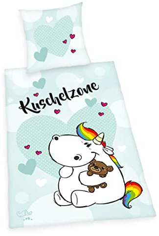 Herding Pummeleinhorn Bettwäsche-Set Kuschelzone, Kopfkissenbezug 70 x 90 cm, Bettbezug 140 x 200 cm, Mit leichtläufigem Reißverschluss, 100% Baumwolle/Renforcé, Weiß/Blau