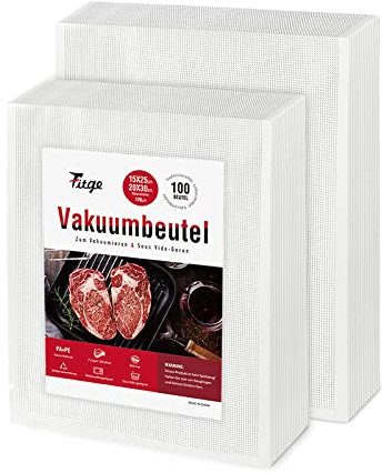 Fitge Vakuumierbeutel 170µm 15x25cm+20x30cm 100 Beutel für alle Vakuumiergeräte Vakuumbeutel für Lebensmittel BPA-frei stark & reißfest Profi Vakuumierfolie Sous Vide Gefrierbeutel