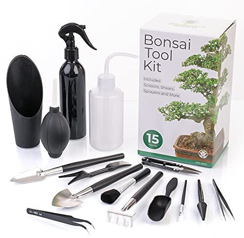 GardenersDream 15 Piece Bonsai Tree Care Kit | Tool Set for Trimming, Pruning, Gardening with Shears, Scoop, Dibber, Feed bottle, Spray bottle & Brushes