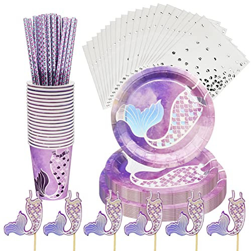 115 Piezas Juego de Suministros Para Fiesta de Sirena de 20 Invitados,Juego de Vajilla Para Fiesta de Sirena de Juego de Vajilla para Fiesta de Cumpleaños para Niñas y Niños,Platos de Papel Fiesta