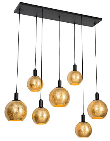 Qazqa - Design Design-Hängelampe I Pendellampe I Pendelleuchte schwarz mit Gold I Messingglas 7-flammig - Bert I Wohnzimmer I Schlafzimmer - Länglich - LED geeignet E27