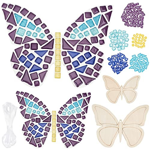 WEBEEDY Faire 2 Papillon Verre Mosaïque Kit Créativité DIY Mosaïque Verre Kit pour Enfants Adultes Comprend Verre Mosaïque Carreaux, Copeaux de Bois, Ruban