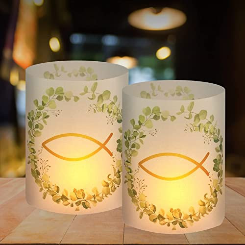 16 Windlicht Tischdeko Taufe, Erstkommunion Deko Eukalyptus Grün, Christliche Firmung Deko, Fisch Taufdeko, Konfirmation Deko Junge Mädchen Gastgeschenk, Kommunion Geschenke, Konfirmationsgeschenke