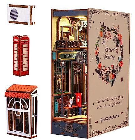 DIY Book Nook Kit, 3D Holz Puppenhaus Buchstützen Buchständer Puzzle Modell Build-Creativity Kit mit LED-Licht für Teenager und Erwachsene (Island Holidays)