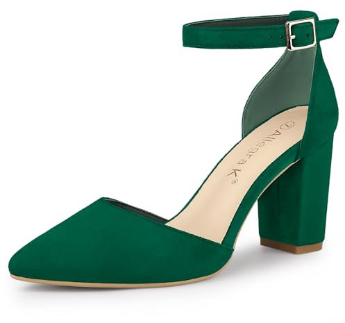 Allegra K Women's Ankle Strap Pointed Toe Chunky Heels Pumps Dark Green 6.5 UK/Label Size 9 US