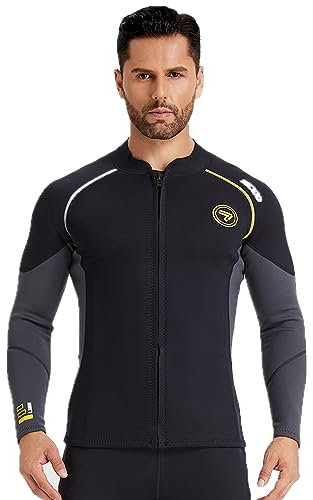 Wetsuit Top Men&Women 1.5mm/3mm Neoprene Wetsuits Jacket,Front Zipper Long Sleeves Diving Suit for Swimming,Snorkeling,Scuba Diving,Surfing (3MM-Black, L)