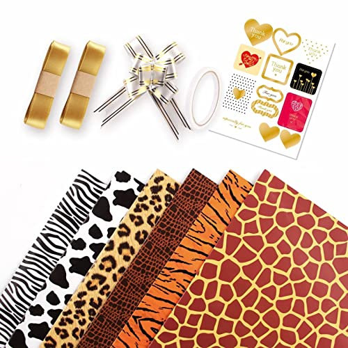 6 Rollen Geschenkpapier, Kuh, Zebra, Leopard, Giraffe, Tierdruck, versteckt Geschenkpapier mit Schnur, Aufkleber für Babyparty, Urlaub, Party, 50 x 70 cm pro Rolle, Schwarz Weiß Braun