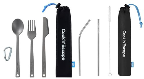 COOK'N'ESCAPE Titan Camping-Kochutensilien, leichtes Löffel, Gabel, Messer, Kombi-Besteck + wiederverwendbarer Titan-Strohhalm Set mit Reinigungsbürste für Küche, Reisen, Picknick, Wandern,
