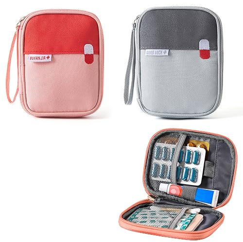 XPEX 2 Stück Reiseapotheke Tasche, Mini Erste Hilfe Tasche Leer, wasserdichte Reise Apothekentasche, Mini Tragbar Medikamententasche Klein, Notfalltasche Für Home, Camping (Grau Rosa)