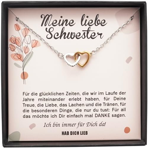 TILOVE Personalisierte Halskette für Damen mit Anhänger in Form ineinander verschlungener Herzen mit einer Liebesbotschaft für die Schwester | Wird in einer Schmuckschatulle geliefert | Geschenkidee