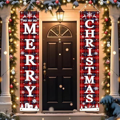 iPartycool Weihnachtsdekoration für den Außenbereich, Weihnachts-Veranda-Dekorationen, Frohe Weihnachten, Banner, Büffel, kariert, Weihnachtsdekoration, Tür, Weihnachtsdekoration, hängende Frohe