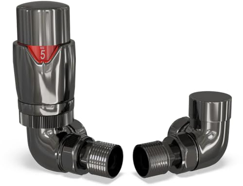 UK Radiators Thermostatic Radiator Valve Set 1/2 x 15mm - Solid Brass TRV | Polished Black Nickel Finish - Solid Brass 1/2 x 15mm Corner - Lockshield Included, Easy Installation