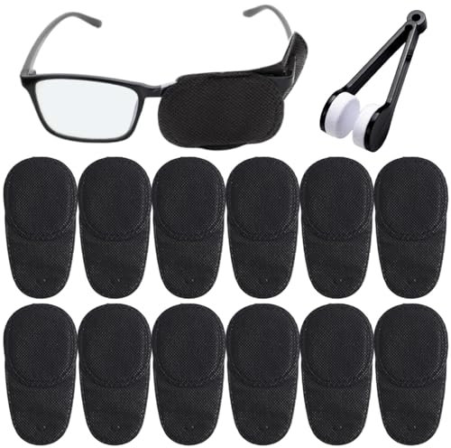 Lot de 12 patchs pour lunettes et brosse de nettoyage de lunettes, en tissu non tissé pour couvrir l'œil gauche et droit, améliorer la vision pour les yeux paresseux des enfants et des adultes