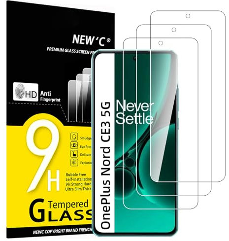 NEW'C Lot de 3, Verre Trempé pour OnePlus Nord CE 3 5G, Film Protection écran sans Bulles d'air Ultra Résistant (0,33mm HD Ultra Transparent) Dureté 9H Glass