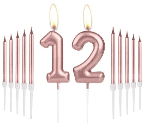 Girls 12th Birthday Candles Decorations, Number 12 Candle With Rose Gold Long Candles, Birthday Cake Topper for Women, Party and Wedding Anniversary Celebrations