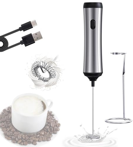 Mousseur à main, mousseur à lait électrique, fouet électrique avec support, chargement de type C, acier inoxydable argenté, pour café cappuccino, frappe, matcha, chocolat chaud, cadeau de cuisine