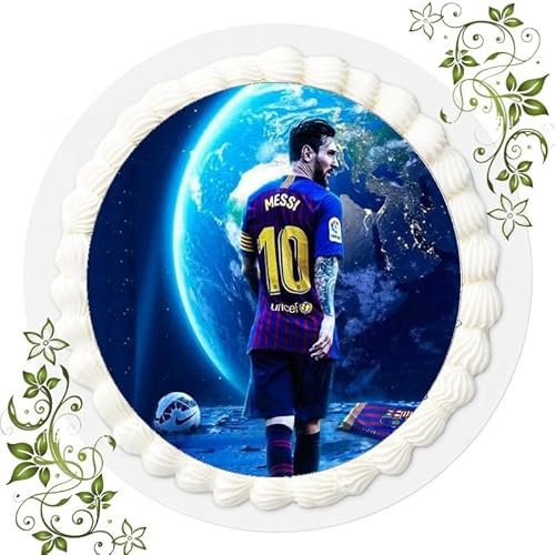 Für den Geburtstag ein Tortenbild, Zuckerbild mit dem Motiv: Fussball, Essbares Foto für Torten, Tortenbild, Tortenaufleger Ø 20cm FONDANT Messi Fussball Nr. 26