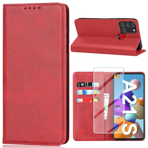 Handyhülle für Samsung Galaxy A21S Hülle mit Schutzfolie, Schutzhülle Galaxy A21S PU Leder Wallet Kartenfach Ständer Klapphülle Lederhüllen Case für Samsung A21S Tache Cover (Rot)