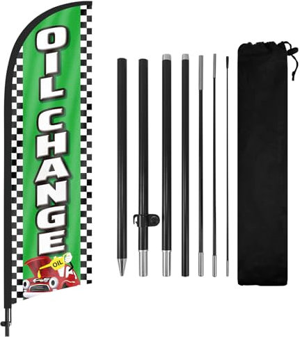 FSFLAG Ölwechsel-Federflagge mit Fahnenmast-Set und Erdspieß, 2,5 m Ölwechsel, windlose Flagge, Banner, Schild, Geschäft für Außenwerbung