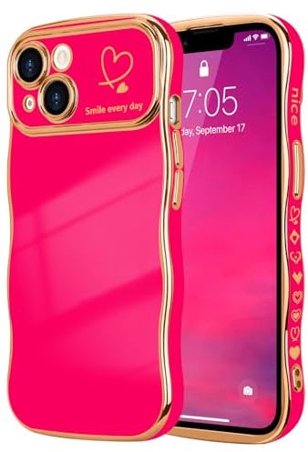 LCHULLE for iPhone 13 Case for Women Girls,Cute Curly Wave Frame Shape Love Heart Pattern Phone Case,Raised Camera Protection Case Luxury Plating Shockproof Cover for iPhone 13 6.1,Hot Pink