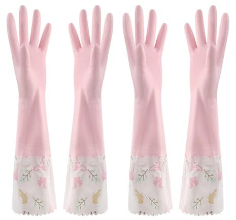 KOMUNJ 2 Double Wide Mouth Single Layer Gloves Wasserdichte Küchenhandschuhe Rutschfeste Lange Gummihandschuhe Küche Geschirrspüler Reinigungsmittel Haushalt Kleidung Reinigung & Hygiene (Pink)