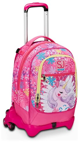 SJ Gang Trolley Scuola Jack 3 Ruote, Rosa, Unicorn Led, 3 in 1, Triplo Uso, Zaino Con Carrello Sganciabile, Tasca Porta Borraccia e Crossover System, Zaino Scuola Elementare, Zaino Bambina