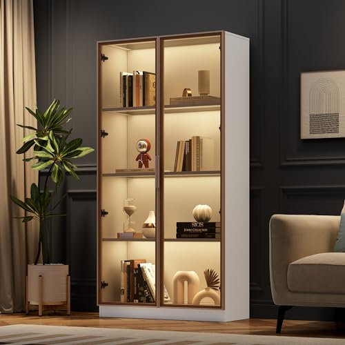 MQLAE Vitrine en verre avec éclairage LED - Blanc - Double porte avec étagères mobiles - 80 x 40 x 160 cm - Armoire haute pour salon, vitrine sur pied, armoire de salle de bain (B)