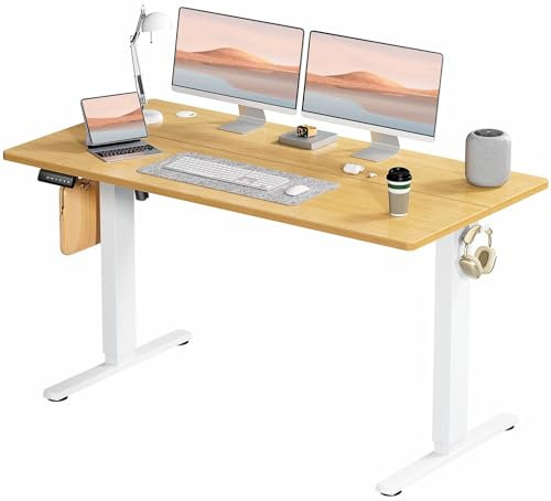 SMUG Stehpult, höhenverstellbar, elektrisch, zum Sitzen, Stehen, Computertisch, ergonomisch, für Arbeit, Büro, Zuhause, moderner Hebebüro, Gaming-Desktop-Arbeitsplatz, 140 x 61 cm, Natur