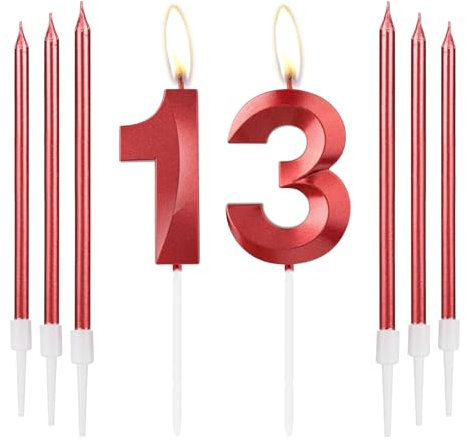 mciskin Red 13 Birthday Candles-3D Design Number 13 Candle for Cake with 6pcs Long/Thin Candles Set, Red Cake Topper for Girl 13th Birthday Decorations Supplies,13th Wedding Anniversary Decorations