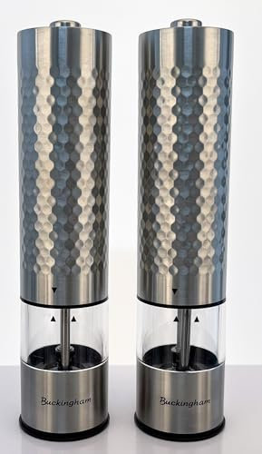 Buckingham Electric Salt and Pepper Mills Set Premium Stainless Steel Ceramic Grind Soft Touch Push Button Battery Operated Adjustable Spices Grinders Mechanism