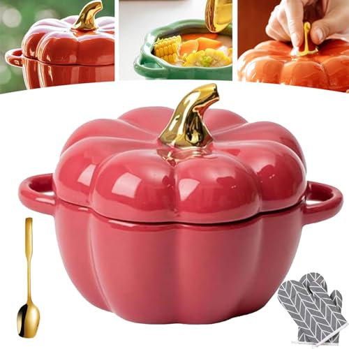 Vgpbphj Pumpkin Bowl Set with Lid and Handle, 15 Oz Ceramic Pumpkin Soup Bowl, Pumpkin Ramekins with Lids, Stew Pot Pumpkin Shape Storage Jar, Decor Dinnerware for Thanksgiving Halloween (Red)