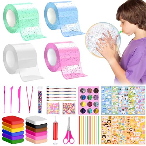 Herefun 64 Stück Nano Tape Bubbles Set, Blowing Bubble Tape, DIY Nano Tape Craft Kit mit Slime Ton, Selbstklebendes Nano Tape, Magie Bubble Spielzeug für Kinder, Party Favors Geschenke (64PCS)