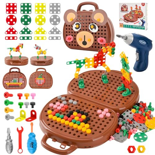 DAOUZL Montessori Spielzeugkiste mit Bohrmaschine, Magische Montessori-Spielzeugkiste, Mosaik Puzzle Spielzeug Bohrer Schraube Werkzeug Set, Montessori Spielzeug ab 3 Jahre (D)