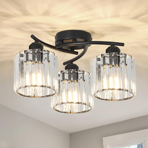 Rayofly Black Ceiling Light Fitting, 3-Lights Modern Flush Ceiling Lights Living Room, Crystal Chandeliers Ceiling Light with Glass Shade, Black Crystal Chandelier for Bathroom Hallway Bedroom Kitchen